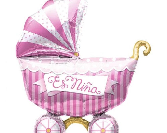 40" JUMBO ES NINA Spanish Balloon - Baby Buggy - Carriage - Girl  - Pink - Mylar foil -