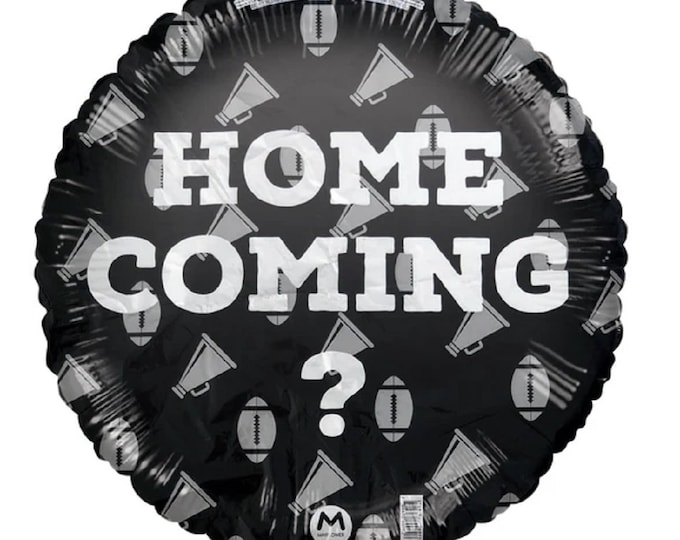 18" HOMECOMING? Balloon - Black, white, silver - footballs and megaphones - foil - mylar