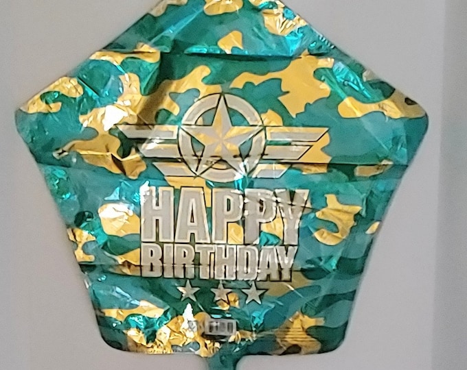 18" Balloon - HAPPY BIRTHDAY - camoflauge pattern - star shaped - teal, green, white gold - foil - self-sealing - mylar