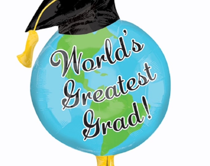 32" Jumbo GRADUATION Balloon -- WORLD's GREATEST Grad!  - with globe and cap 32"x20" - foil - mylar