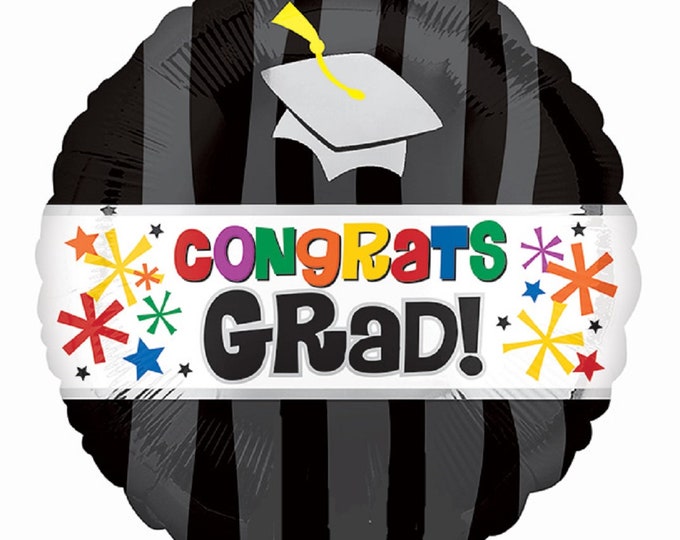 32" Jumbo GRADUATION Balloon -- CONGRATS GRAD!  - balck and silver with multicolored middle - foil - mylar