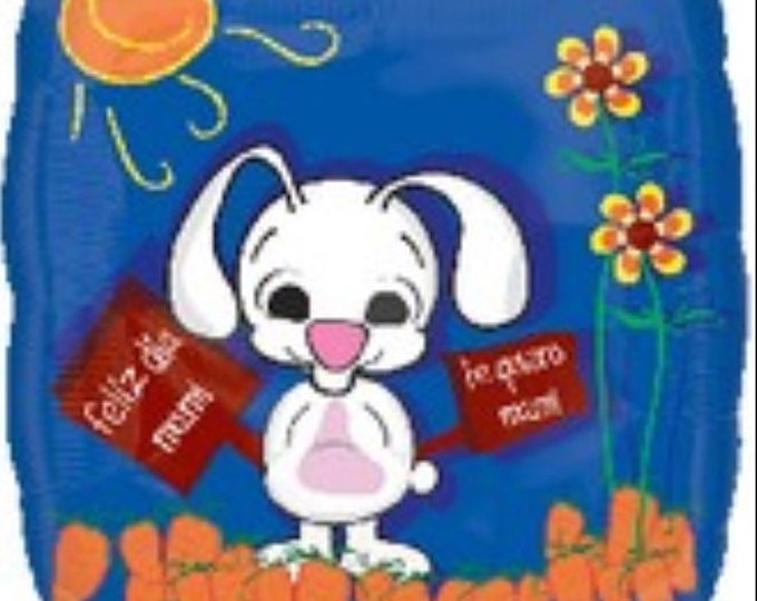 18" SPANISH Happy MOTHER's DAY Balloon- Blue with Rabbit -  mylar -  foil