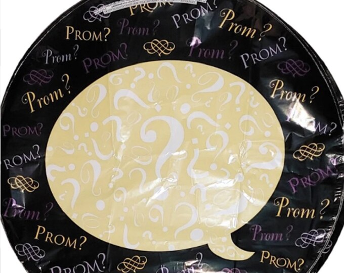 18" PROM Balloon - Question marks in a speech bubble Black, gold, purple, lavender, cream, white, hashtag hearts - foil - mylar