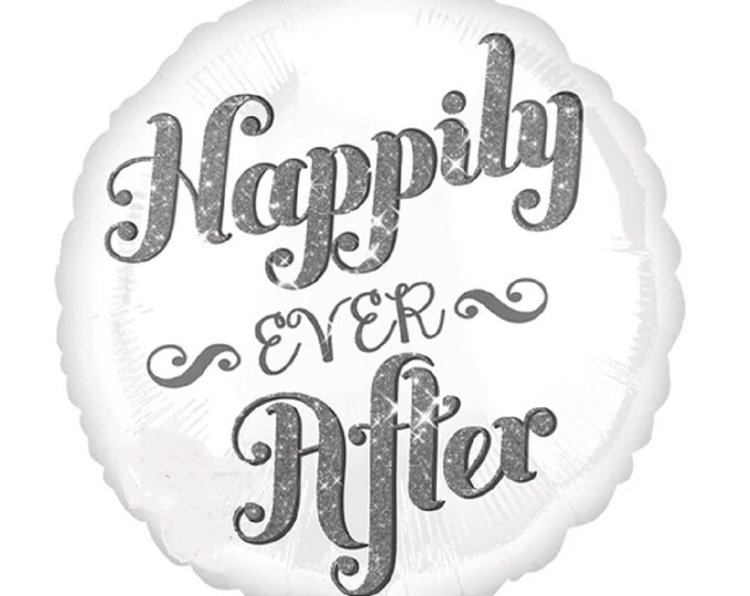 18" HAPPILY EVER AFTER Wedding Balloon - Shimmer Foil - Black, white, silver - foil - mylar