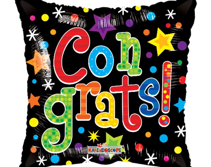 18" CONGRATS! Balloon - Square - Black background - colorful Gellibean designs and wording  - foil - mylar