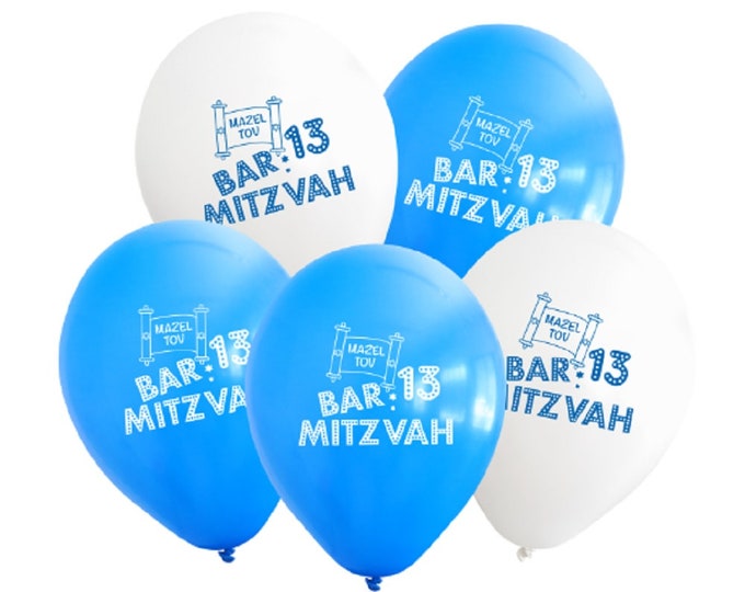 SET of 5 - BAR MITZVAH Balloons - 12" Latex  balloons - 3 White print on Blue Balloon and 2 Blue print on White Balloon - Mazel Tov