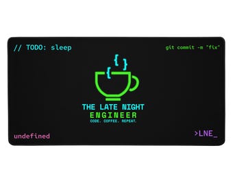 Late Night Engineer Desk Mat — Neon Developer Mouse Pad, Large Coder Desk Setup, Software Engineer Gift, Dark Tech Decor
