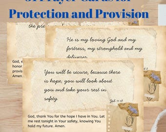 Puede incluir: Un conjunto de 31 tarjetas de oración para la protección y provisión, con papel de estilo vintage y bordes rasgados. Cada tarjeta muestra versículos bíblicos en texto cursivo negro, incluyendo Job 11:18, y pequeñas ilustraciones florales azules.
