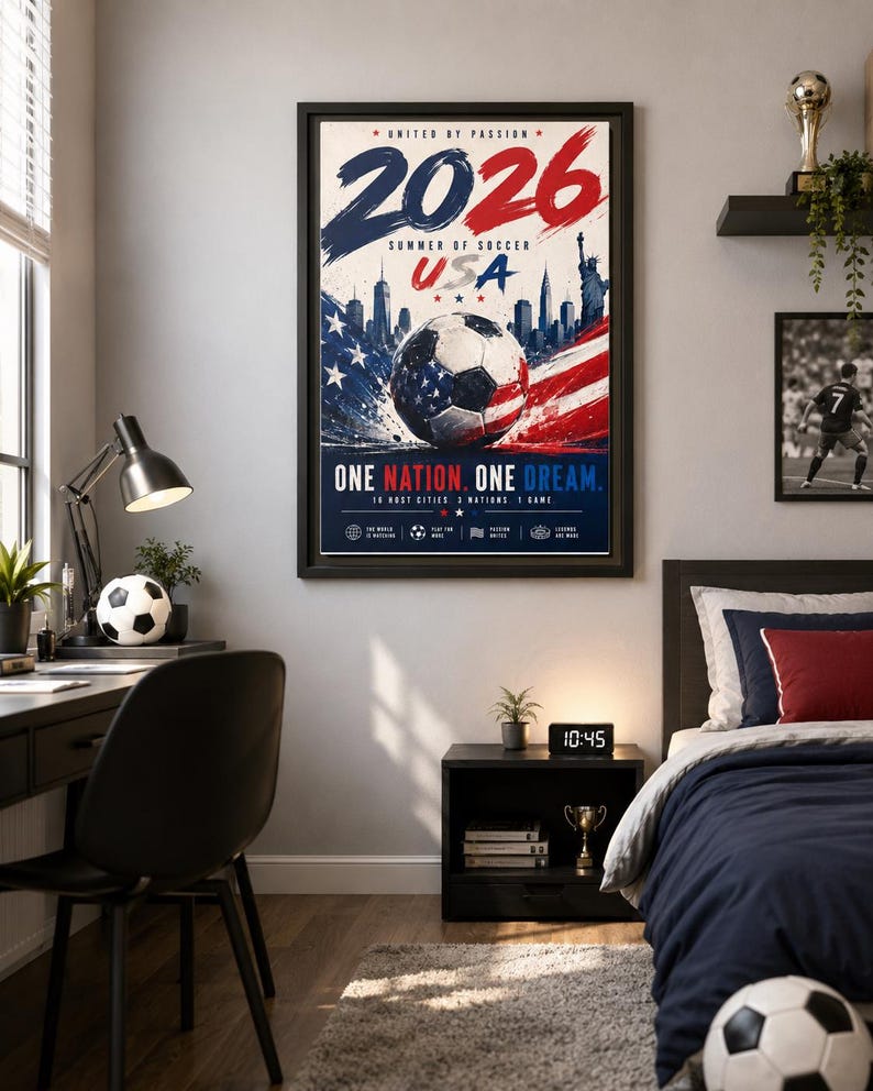 Puede incluir: Un p&oacute;ster vertical enmarcado titulado 2026 Summer of Soccer USA que presenta un bal&oacute;n de f&uacute;tbol con patrones de la bandera estadounidense, una silueta de horizonte urbano y el texto One Nation, One Dream. El dise&ntilde;o usa acentos de pinceladas rojas, blancas y azules.