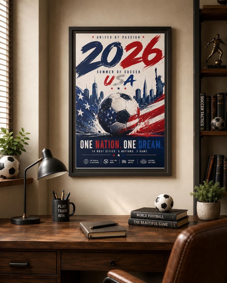 Puede incluir: Un p&oacute;ster enmarcado con el texto 2026 SUMMER OF SOCCER USA, ONE NATION. ONE DREAM. 16 HOST CITIES. 3 NATIONS. 1 GAME. El dise&ntilde;o incluye un bal&oacute;n de f&uacute;tbol con el patr&oacute;n de la bandera de EE. UU., un horizonte urbano y la Estatua de la Libertad.