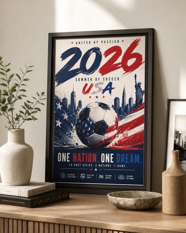 Puede incluir: Un p&oacute;ster enmarcado para el Summer of Soccer 2026 en EE. UU. El dise&ntilde;o presenta un bal&oacute;n de f&uacute;tbol con un patr&oacute;n de bandera estadounidense, un horizonte urbano con la Estatua de la Libertad y el texto 2026, USA, One Nation. One Dream.