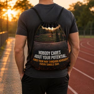Puede incluir: Una mochila de cordón negra con una imagen impresa de un campo deportivo al atardecer. La bolsa muestra el texto en blanco y naranja: NOBODY CARES ABOUT YOUR POTENTIAL. FORCE YOUR WAY THROUGH ADVERSITY EVERY SINGLE DAY. Tiene correas de cordón negras.