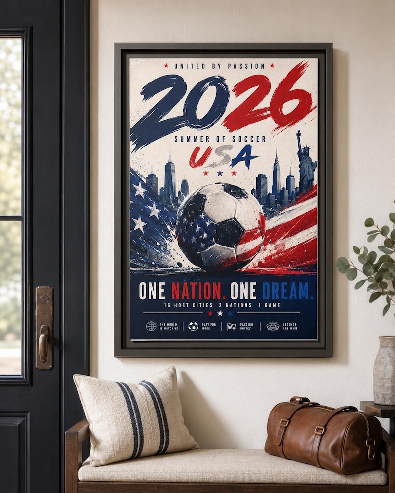 Puede incluir: Un p&oacute;ster vertical enmarcado con el texto 2026 SUMMER OF SOCCER USA, UNITED BY PASSION y ONE NATION. ONE DREAM. El dise&ntilde;o incluye un bal&oacute;n de f&uacute;tbol con un patr&oacute;n de bandera de EE. UU., un horizonte urbano, la Estatua de la Libertad y detalles.