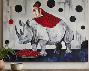 Mujer sobre rinoceronte, pintura acrílica original sobre lienzo, arte mural figurativo surrealista de animales, decoración caprichosa de fresas.