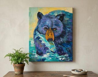 オリジナルベアフィッシュのアクリル画、野生動物の壁飾り、ロッジの装飾