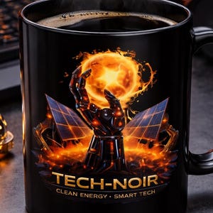 May include: Black ceramic mug with a Tech-Noir design. The mug features a robotic hand holding a fiery sun, with solar panels and the text "TECH-NOIR CLEAN ENERGY. SMART TECH." Steam rises from the dark coffee inside.