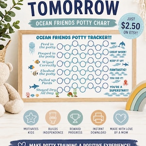 May include: A framed "Ocean Friends Potty Chart" with a light wood frame. The chart features a blue and white design with ocean-themed illustrations. Text includes "Small Steps Today, Big Confidence Tomorrow" and "Ocean Friends Potty Tracker!!!".