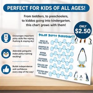 Peut inclure: Un tableau d'apprentissage de la propreté avec le texte "POLAR POTTY PARADISE!!!" et "PERFECT FOR KIDS OF ALL AGES!". Le tableau présente des illustrations de pingouins et des invites pour les étapes importantes de l'apprentissage de la propreté.