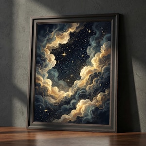 May include: A framed wall art print featuring a dark night sky filled with scattered golden stars, framed by voluminous, swirling clouds in shades of deep navy blue, charcoal gray, and soft cream highlights that create a glowing effect.