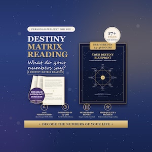 May include: A digital Destiny Matrix Reading report featuring a dark blue background with gold text. The document includes the title Your Destiny Blueprint, a geometric numerology chart, and multiple pages of detailed astrology insights in PDF format.