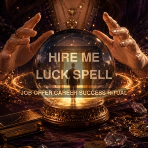 May include: A clear glass crystal ball on an ornate gold base featuring the text HIRE ME LUCK SPELL and JOB OFFER CAREER SUCCESS RITUAL. Inside the sphere, a silhouette of a person stands before a glowing doorway amidst swirling golden light.