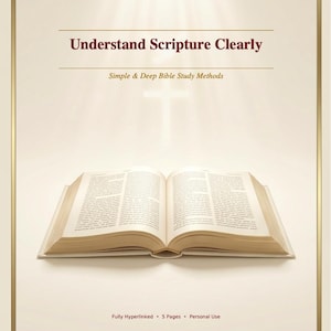 May include: An open book with text, centered on a light background. The title "Understand Scripture Clearly" is displayed in maroon above the text "Simple & Deep Bible Study Methods." The image has a gold border and a cross in the background.