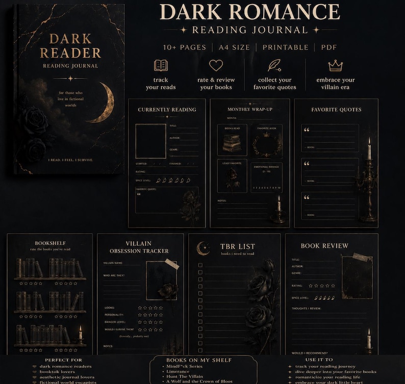 Puede incluir: Diario de lectura Dark Reader con una cubierta de m&aacute;rmol oscuro. El diario incluye p&aacute;ginas para realizar un seguimiento de lecturas, rese&ntilde;as y citas favoritas. Dise&ntilde;ado para lectores de romance oscuro y amantes de Booktok.