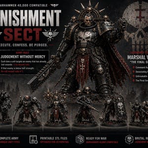 Könnte beinhalten: Ein Werbebild für Warhammer 40.000 kompatible Miniaturen. Das Bild zeigt eine große, detaillierte Figur von Marshal Varkas mit dem Text "Punishment Sect". Weitere Figuren und Texte sind ebenfalls sichtbar, darunter "Complete Army" und "Printable STL Files".