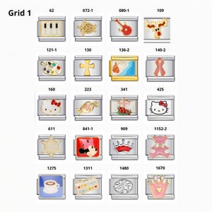 May include: A grid of twenty rectangular stainless steel modular bracelet links, each featuring a unique decorative charm. Designs include a piano keyboard, turtle, guitar, moose, paint palette, cross, seashell, ribbon, cat face, candy, flower, snowflake, mouse, crown, bear, coffee cup, and tree.