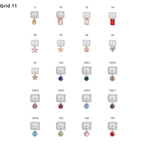 May include: A collection of silver-toned modular bracelet links, each featuring a unique dangling charm. The charms include various shapes like teardrops, rectangles, stars, hearts, and circular gemstones in colors such as pink, red, blue, green, and clear.