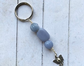 Blue Glass Keychain Fob Jewelry Purse Accessory with Elephant Charm