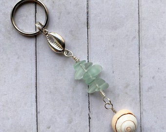 Seashell Green Sea Glass Beaded Keychain Fob Jewelry Purse Accessory