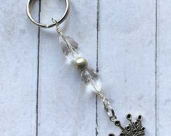 Silver Queen Crown Keychain Fob Jewelry Purse Accessory with Clear Sparkly Beads