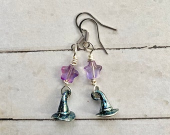 Halloween Black and Blue Witch Hat Earrings with Purple Star Beads