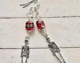 Spooky Scary Skeleton Earrings with Blood Red Glass Beads