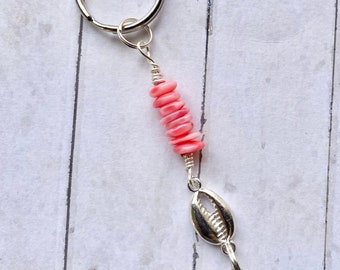 Salmon Colored Coral Beaded Keychain Fob Jewelry Purse Accessory with silver shell charm