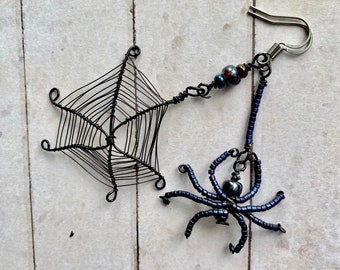 Black and Blue Spider and Spider Web Halloween Earrings