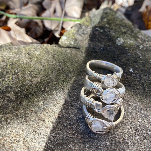 Herkimer Diamond Wire Wrapped Fork Tine Midi Pinky Rings