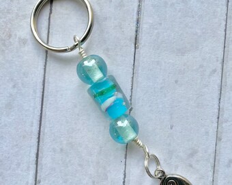 Light Blue Glass Keychain Fob Jewelry Purse Accessory with Motivational Charm