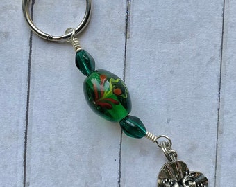 Frog on Lily Pad Keychain Fob Jewelry Purse Accessory with Green Glass Beads