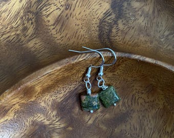 Unakite Square Beaded Earrings- green and pink