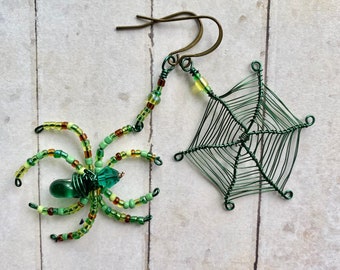 Green and Brown Spider and Spider Web Halloween Earrings