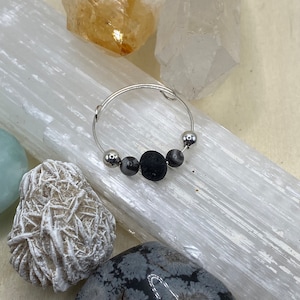Lava Rock and Obsidian Stone Beaded Adjustable Anti-anxiety Fidget Ring Movable Beads made with Memory Wire