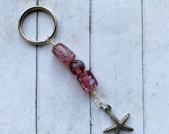 Purple Beaded Starfish Keychain Fob Jewelry Purse Accessory