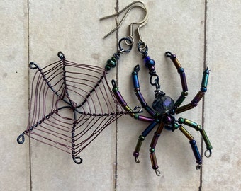 Purple and Blue Spider and Spider Web Halloween Earrings