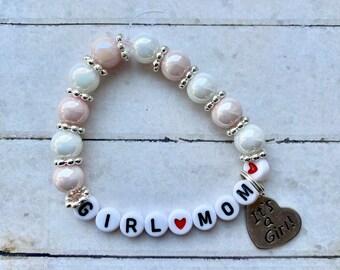 Faux Pearl Girl Mom Stretchy Bracelet White and Pink