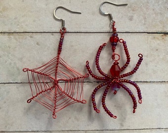 Red Spider and Spider Web Halloween Earrings