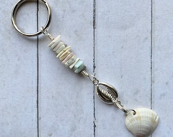 White Seashell Beaded Keychain Fob Jewelry Purse Accessory with silver shell charm