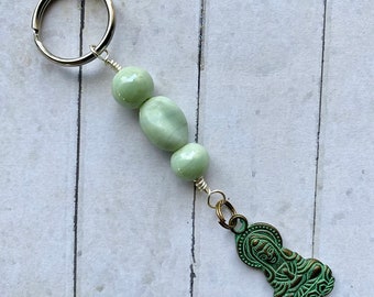 Brass Buddha Keychain Fob Jewelry Purse Accessory with Milky Green Glass Beads