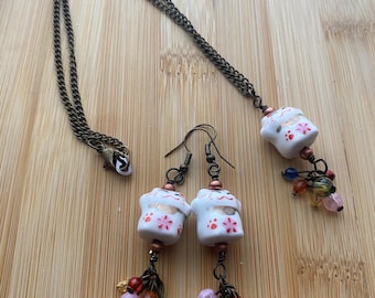 Brass Lucky Kitty Ceramic Charm Jewelry Set
